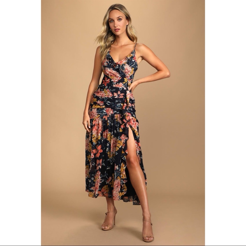 NWOT Lulu’s Stunning Soiree Navy Blue Floral Print Ruched Midi Dress XLarge